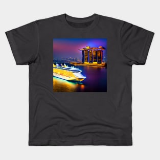 Cruise Ship Passing By The Sands Hotel In Singapore Around Dusk. Kids T-Shirt